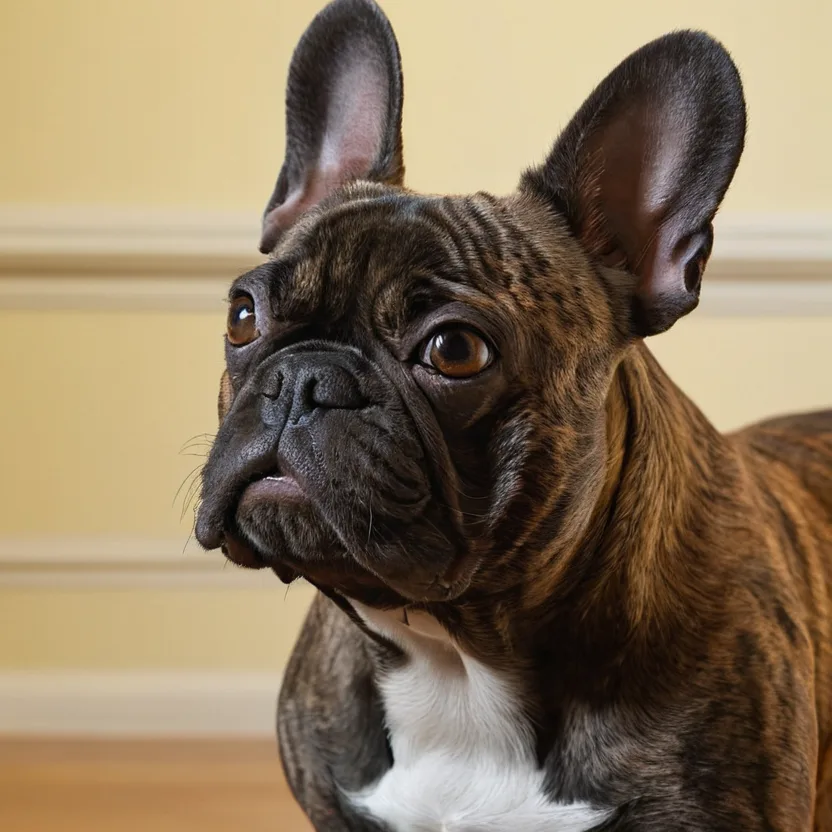 Едър план на гладка козина на френски булдог в кафяв бриндъл цвят