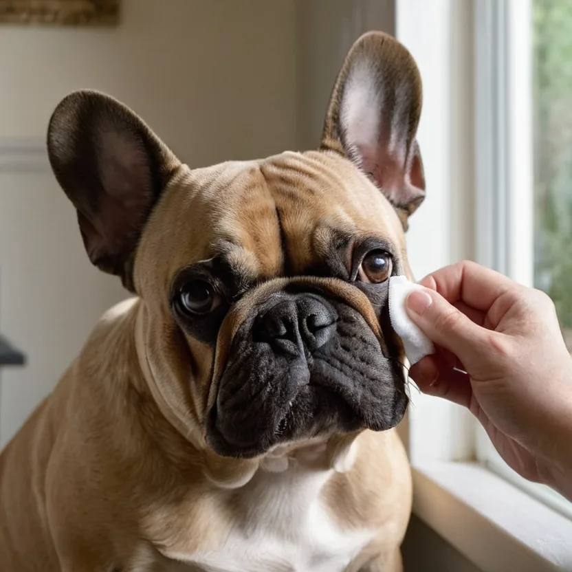 Собственик почиства нежно гънките на лицето на френски булдог с памучен тампон