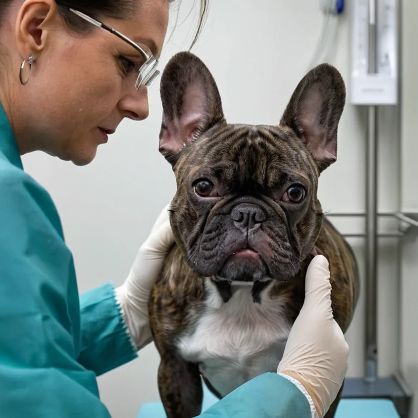 Ветеринар преглежда козината и кожата на френски булдог в клиника