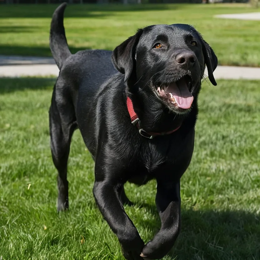 Черен лабрадор играе щастливо в тревата