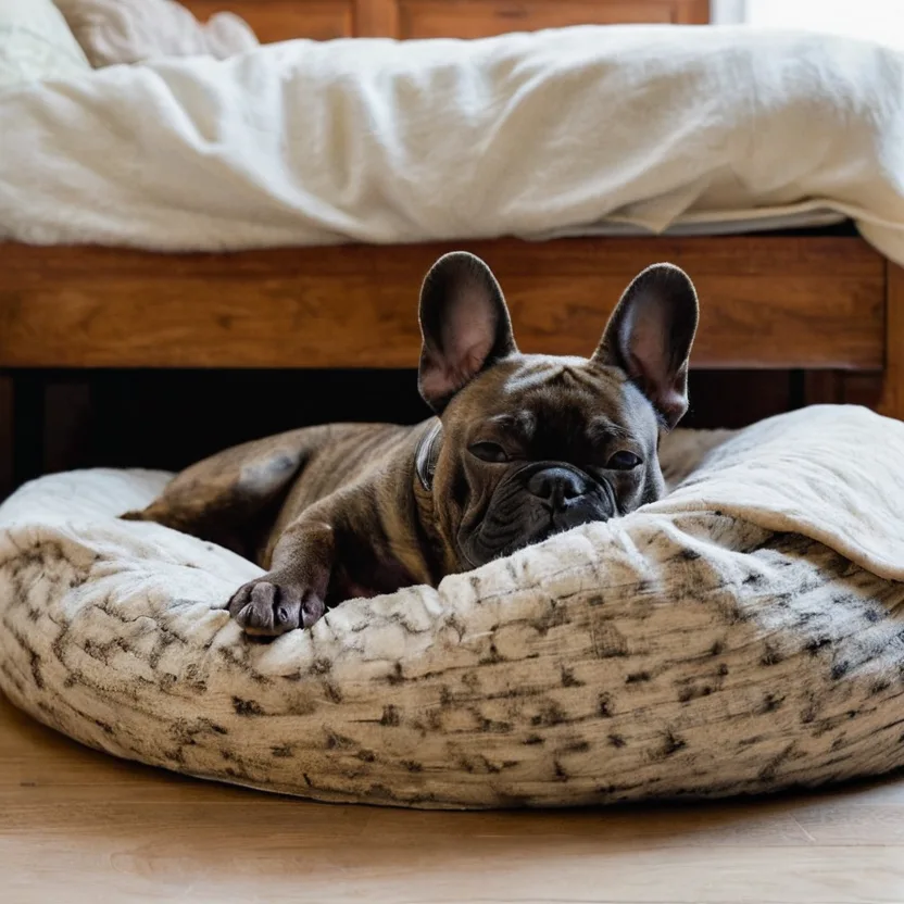 Френски булдог спи спокойно — поза, която намалява натоварването на ставите