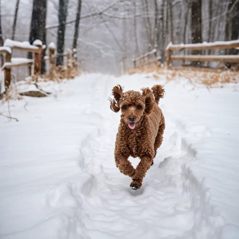 Малък пудел тича в снега