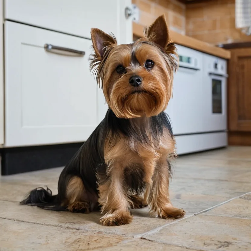 Йоркширски териер чака храна в кухнята