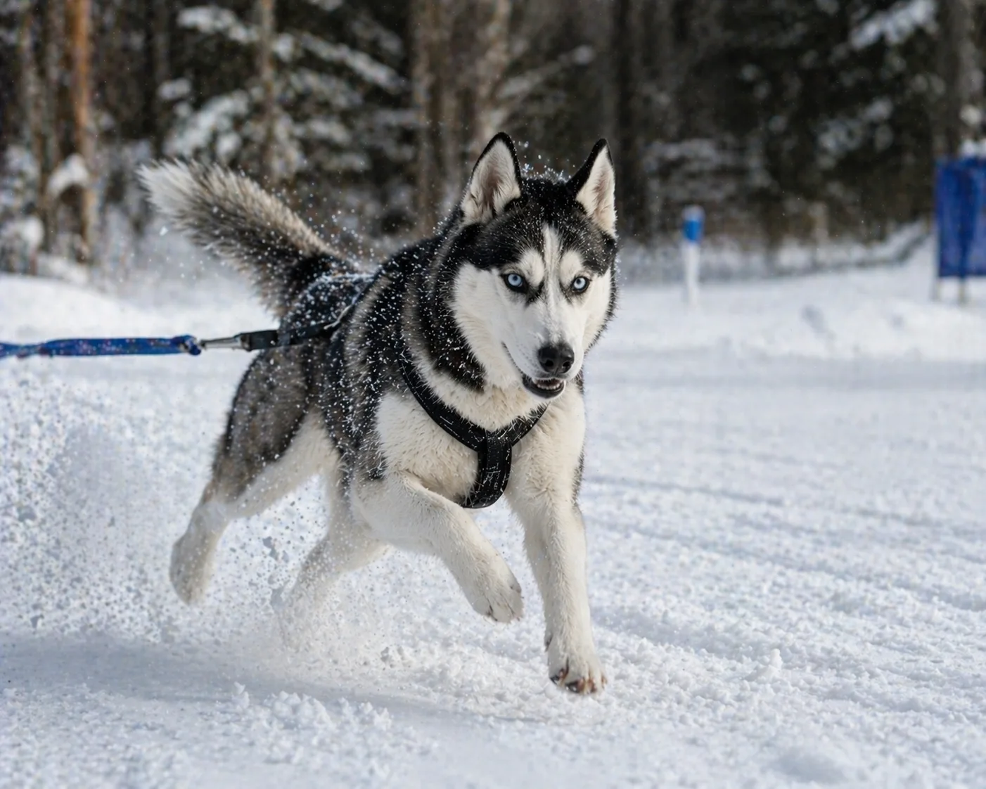 Сибирско хъски тича в снега по време на тренировка