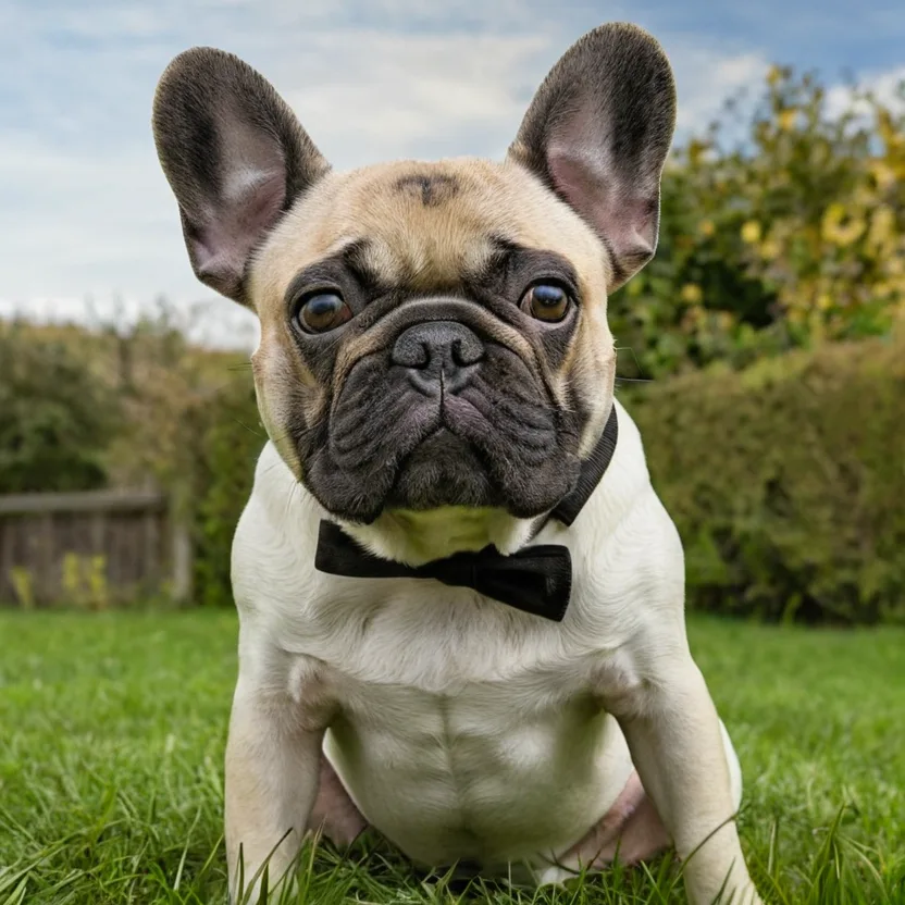 Млад френски булдог седи на тревата след разходка