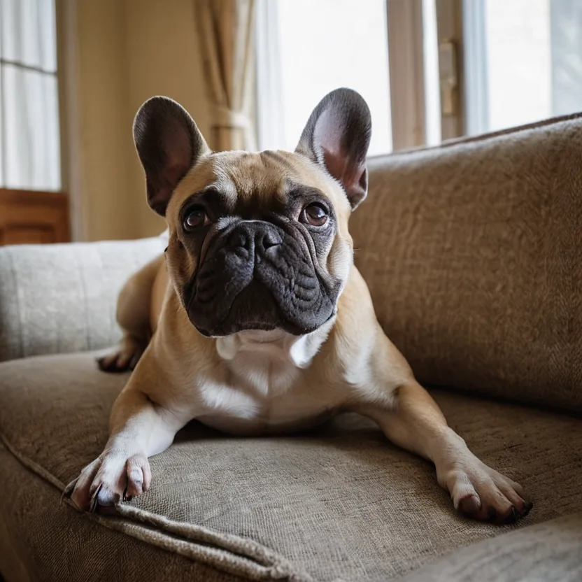 Френски булдог с палаво изражение лежи на дивана след обяд