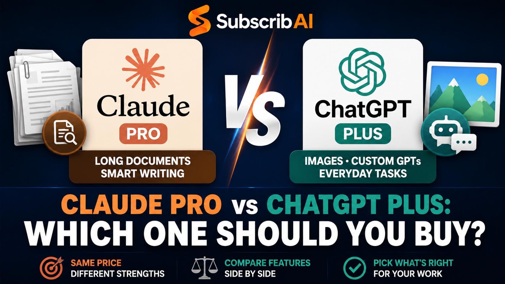 Claude Pro and ChatGPT Plus subscription plans compared side by side