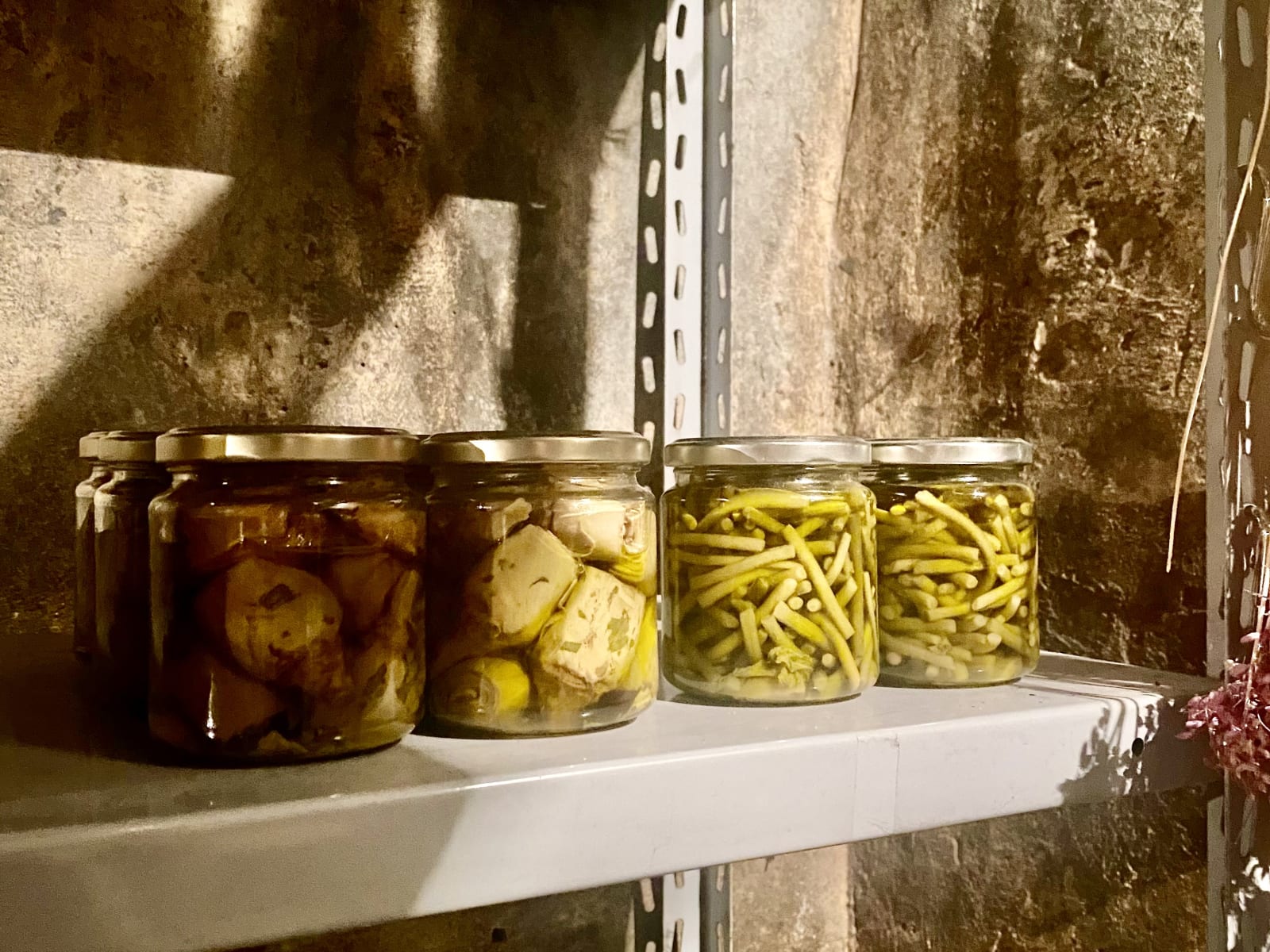 Cinque barattoli di conserve sott'olio, con carciofi violetti e talli d'aglio, allineati su una mensola di metallo davanti a una parete di pietra.