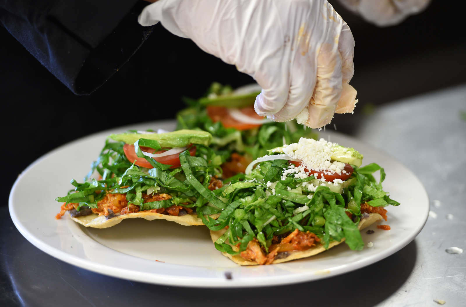 The chef plates a salad course with gloved hands at the counter