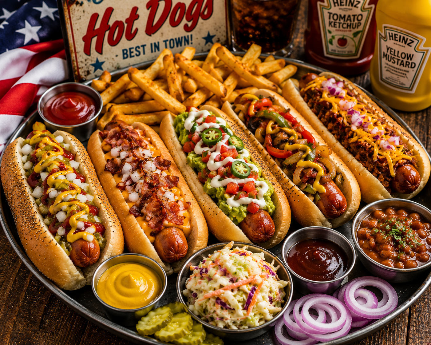 Banquete americano de perritos y guarniciones