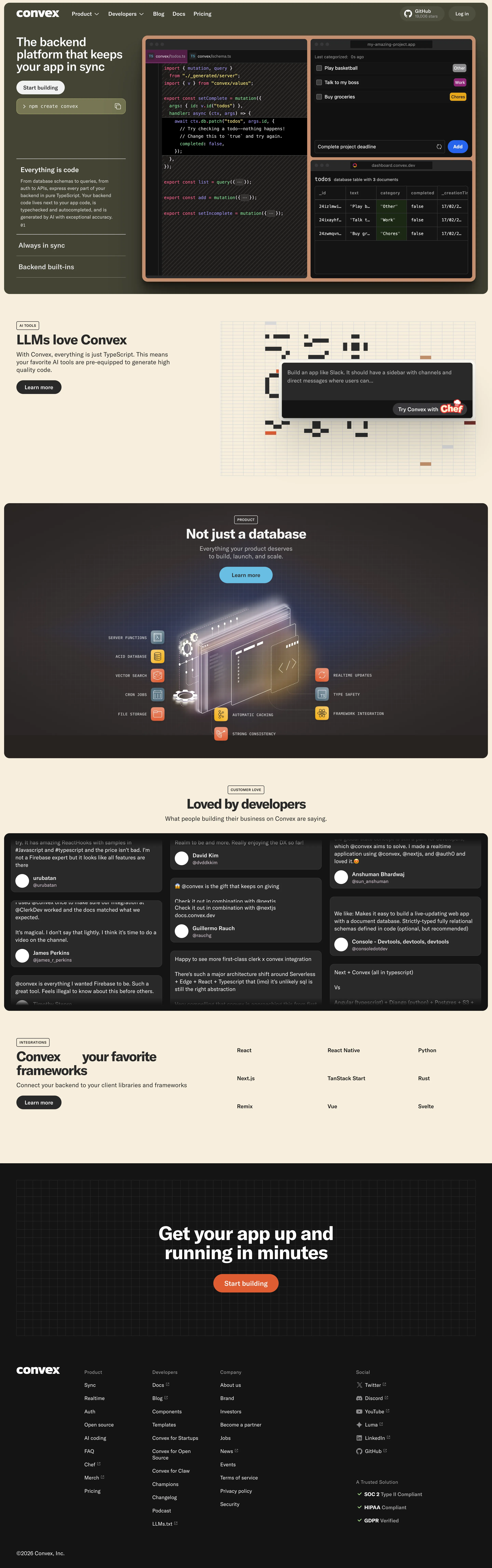 Convex.dev landing page screenshot
