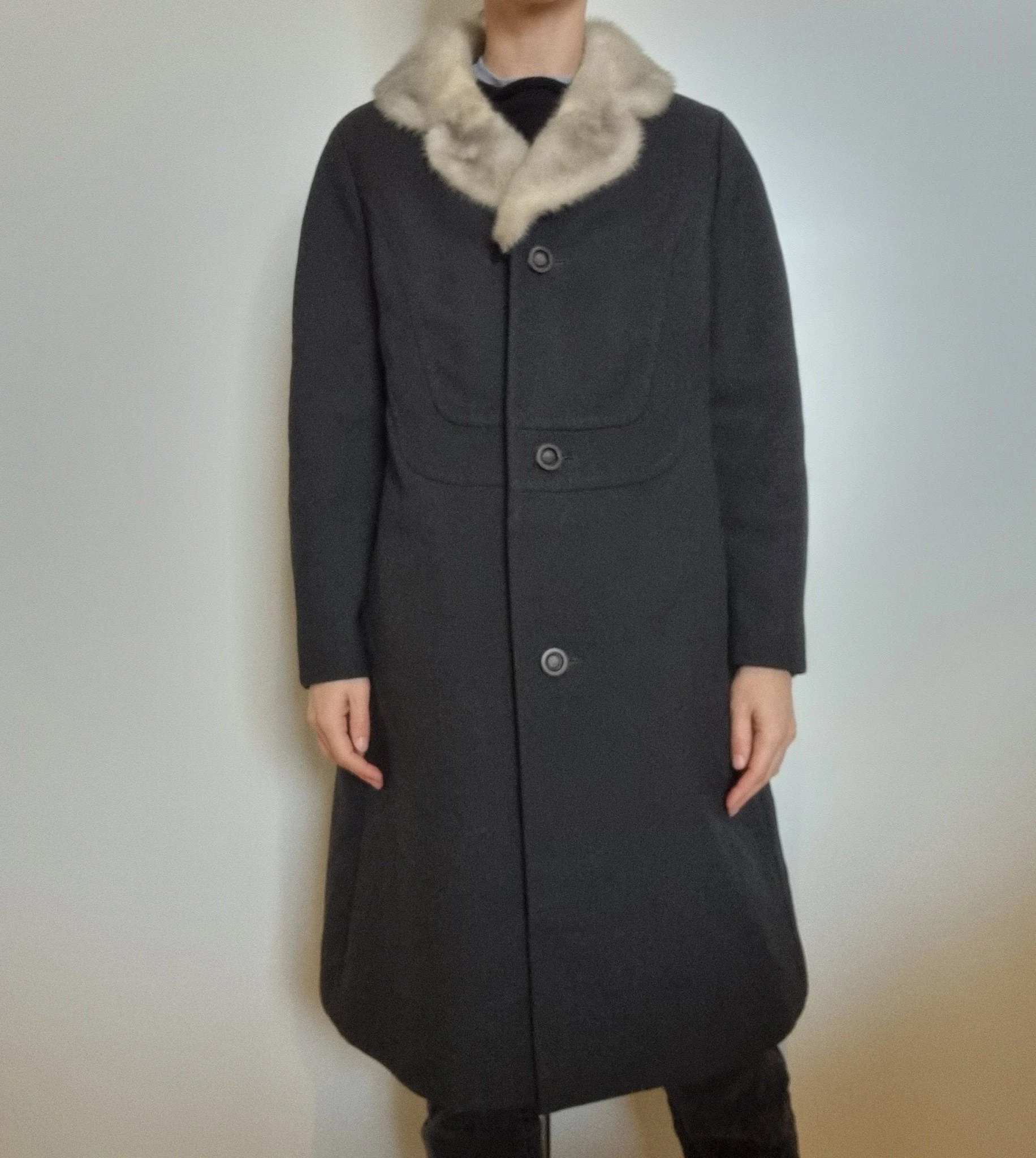 Vintage 1970s Grey Wool Fur Coat | Size 10