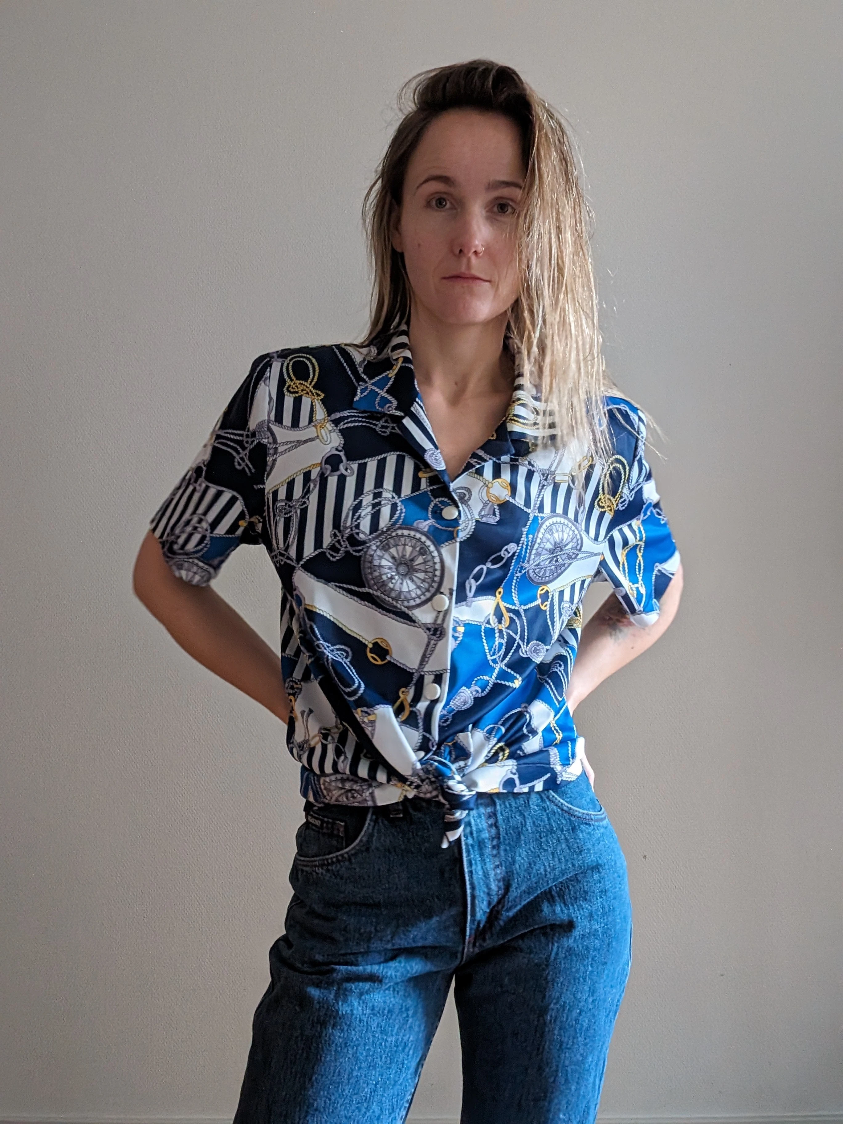 Retro 1980s Blue & Yellow Blouse | Medium | Streetwear Ready | UK