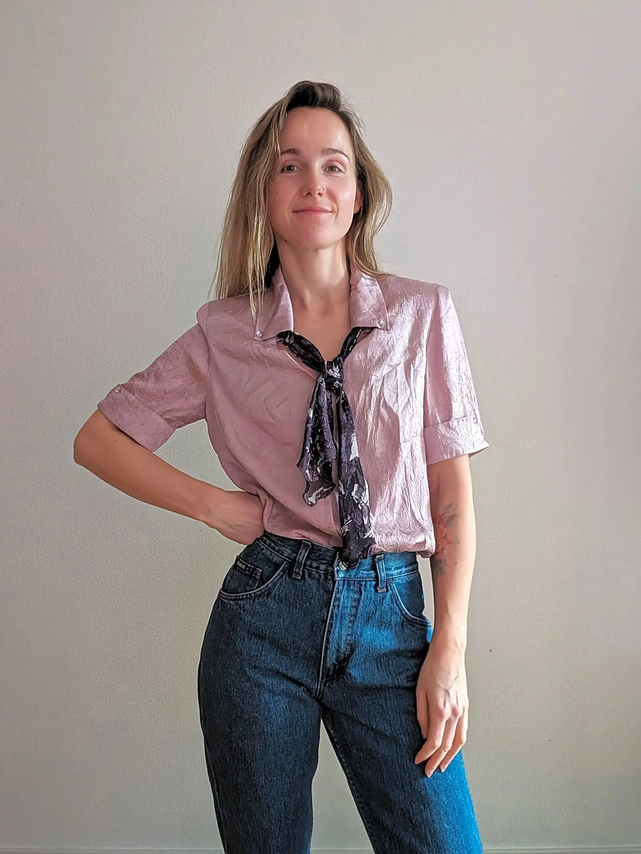 Vintage Spring Summer 1980s Lilac Blouse | Dark Purple Scarf Included | Size M Vintage Spring Summer 1980s Lilac Blouse | Dark Purple Scarf Included | Size M