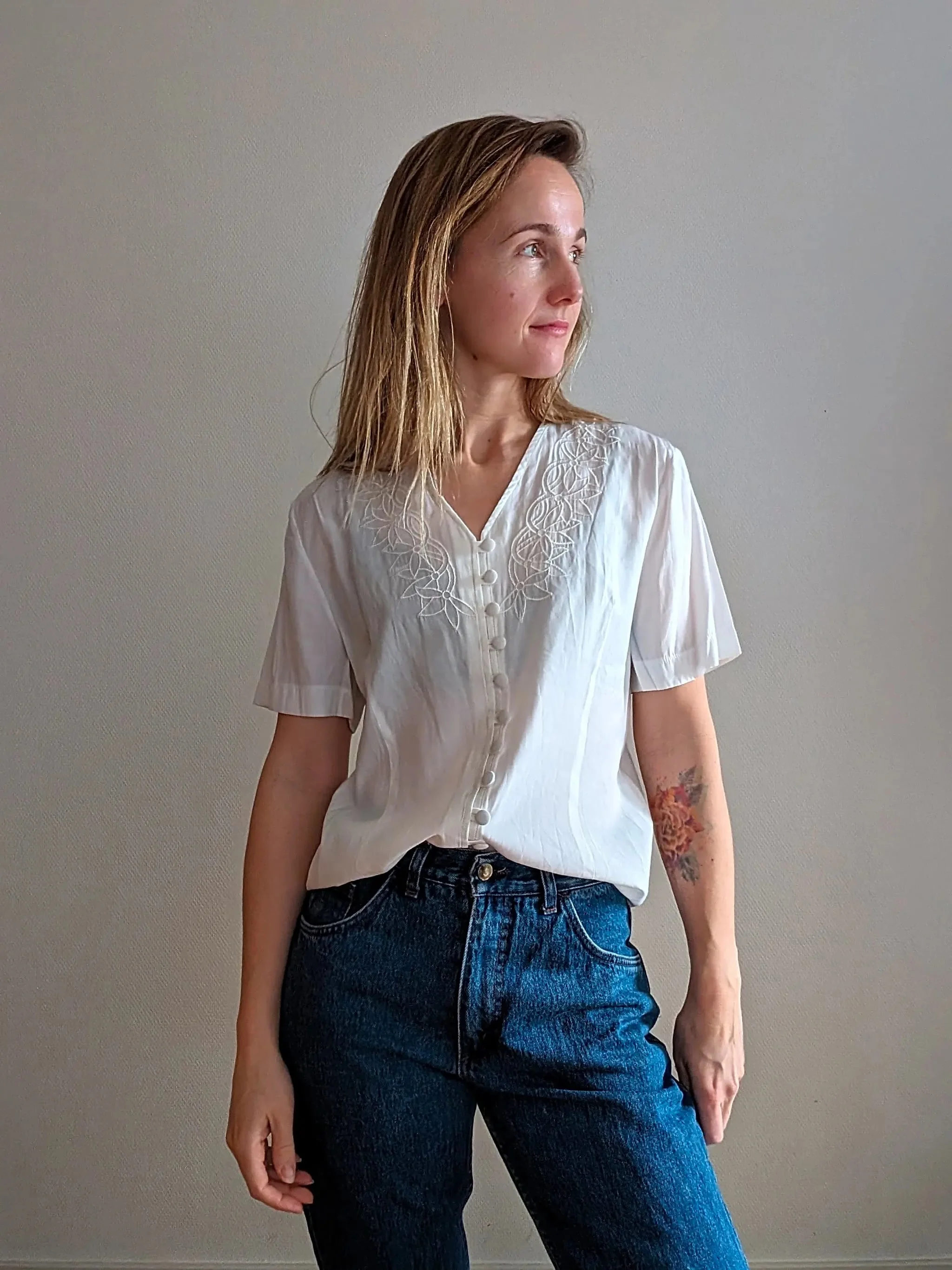 Vintage 80s Sheer White Top | Small | Floral Embroidery | Boho Chic Vintage 80s Sheer White Top | Small | Floral Embroidery | Boho Chic