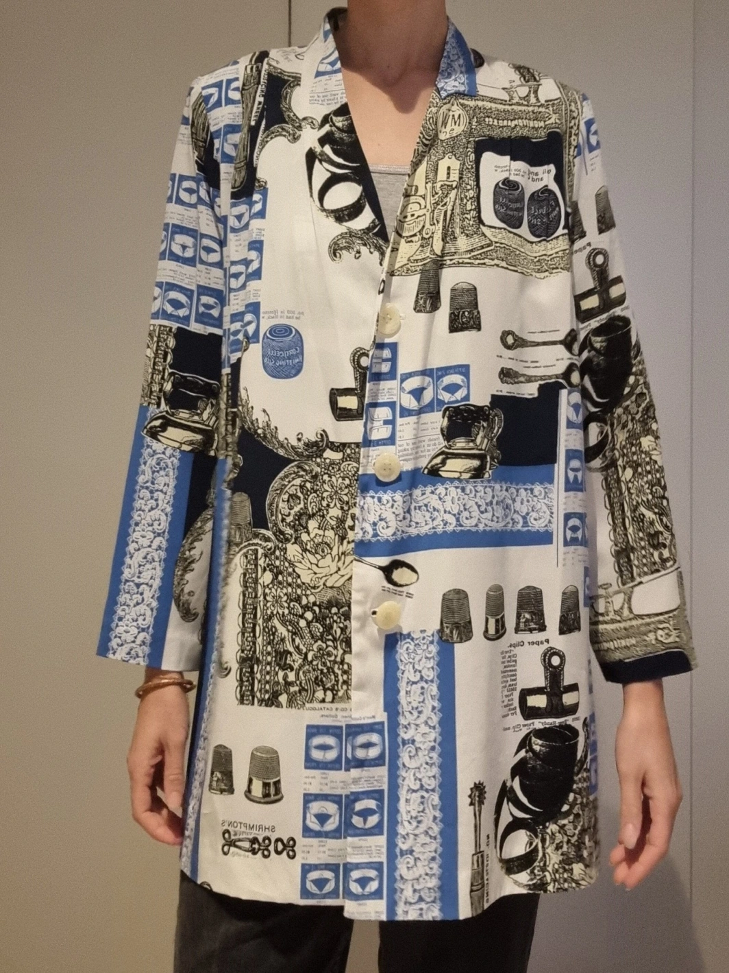 Vintage Blazer | 1980s | Blue White Gold Print | Cherry Bear | Size 8/10