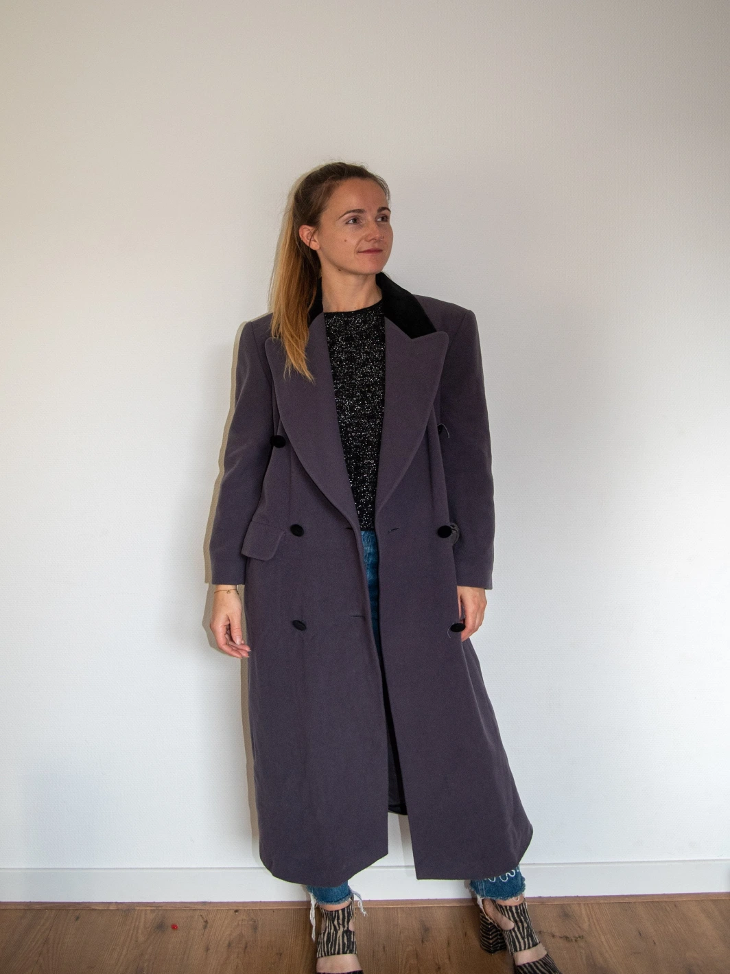 Vintage 1980s Purple Grey Wool Long Maxi Coat | Fall Winter Wardrobe | Velvet Collar | Capsule Wardrobe | Size 10
