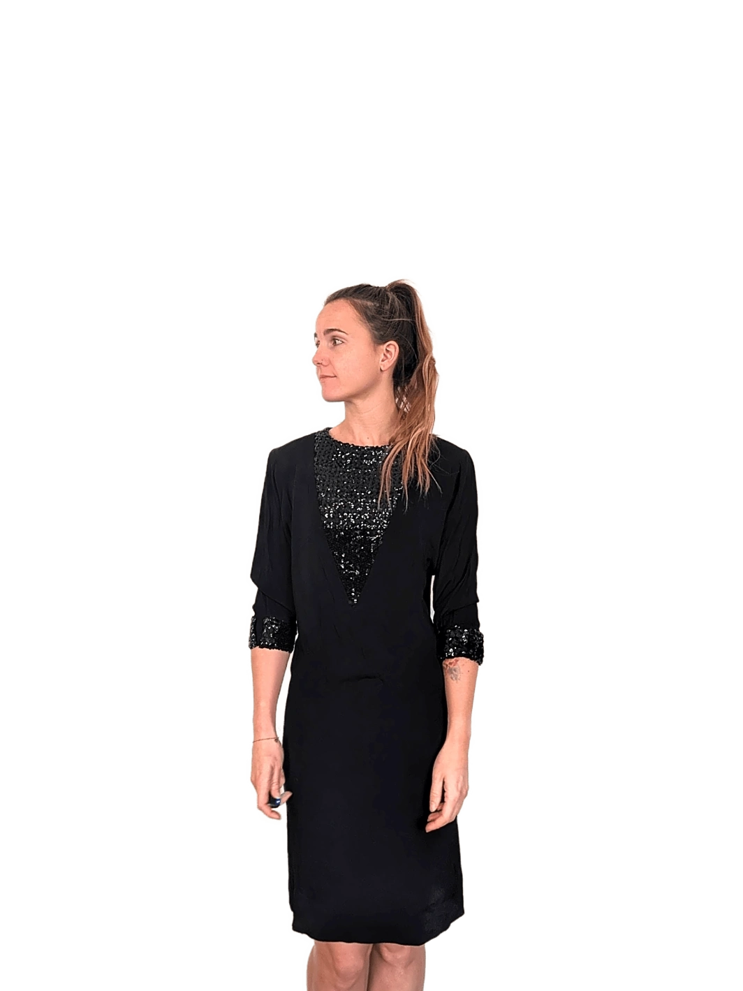 Vintage Black Sequin Party Dress | Elbow Sleeve | S | USA Made