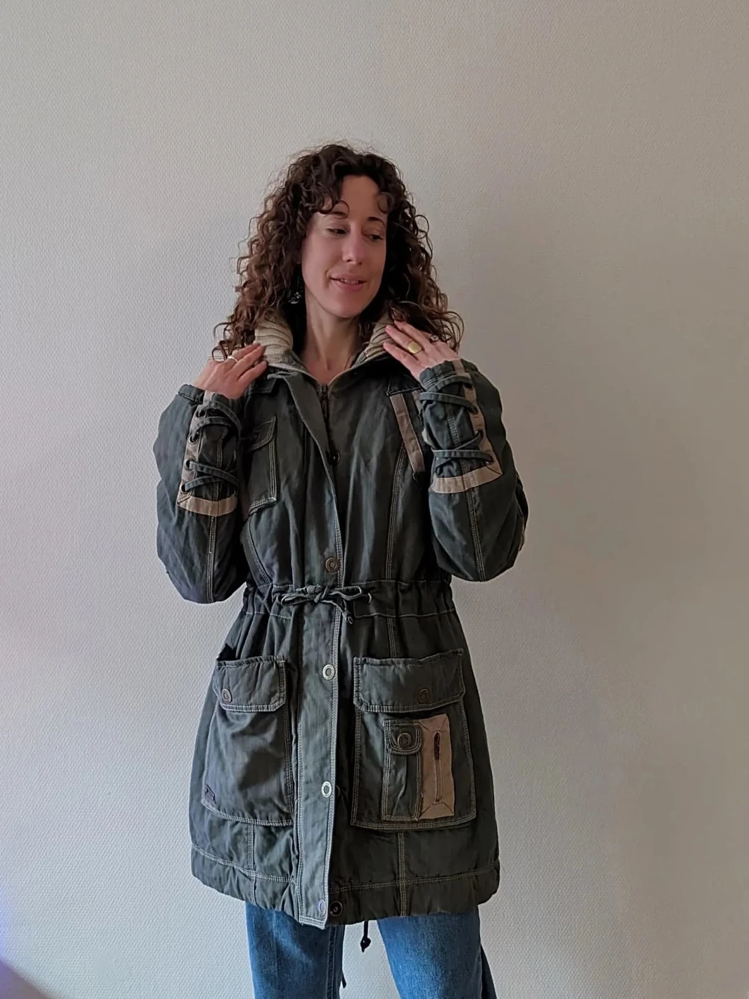 Vintage 90s Green Coat with Hoodie | Medium | Mixed Fabrics