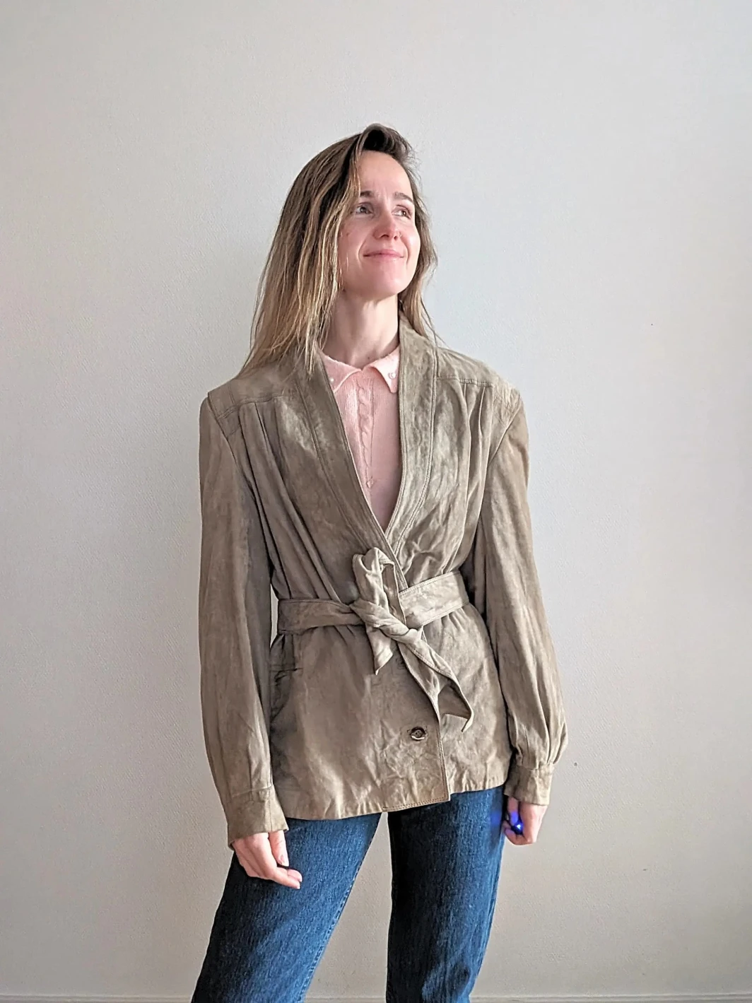 Elegant Late 80s Suede Jacket | Large | Beige | Original Belt Included