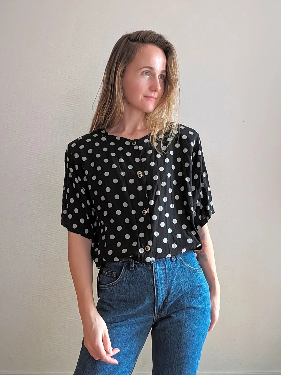 Vintage 1980s Dark Blue White Polka Dot Blouse | Versatile Spring Summer Wardrobe | Size XL