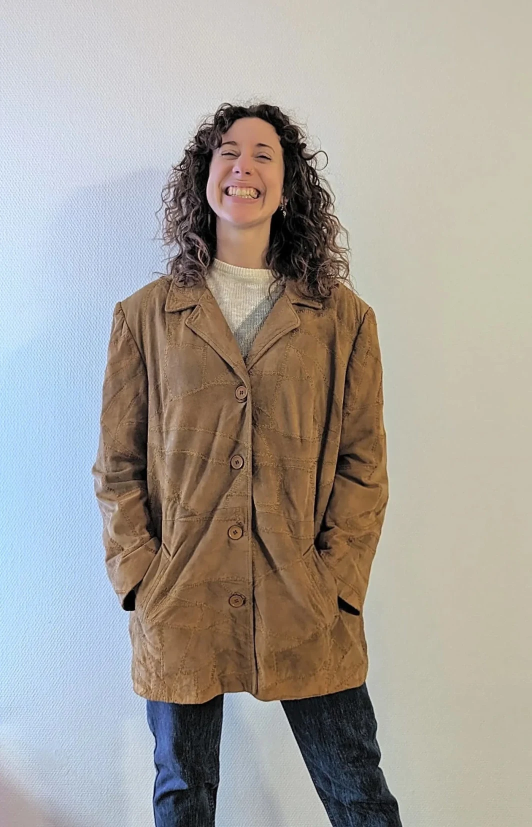 Vintage Light Brown Suede Coat | Shoulder Pads | Unisex Large | Versatile Wear