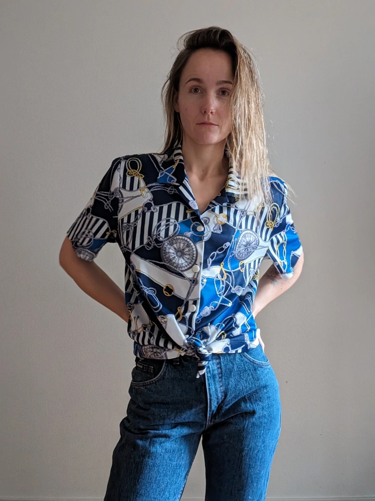 Retro 1980s Blue & Yellow Blouse | Medium | Streetwear Ready | UK