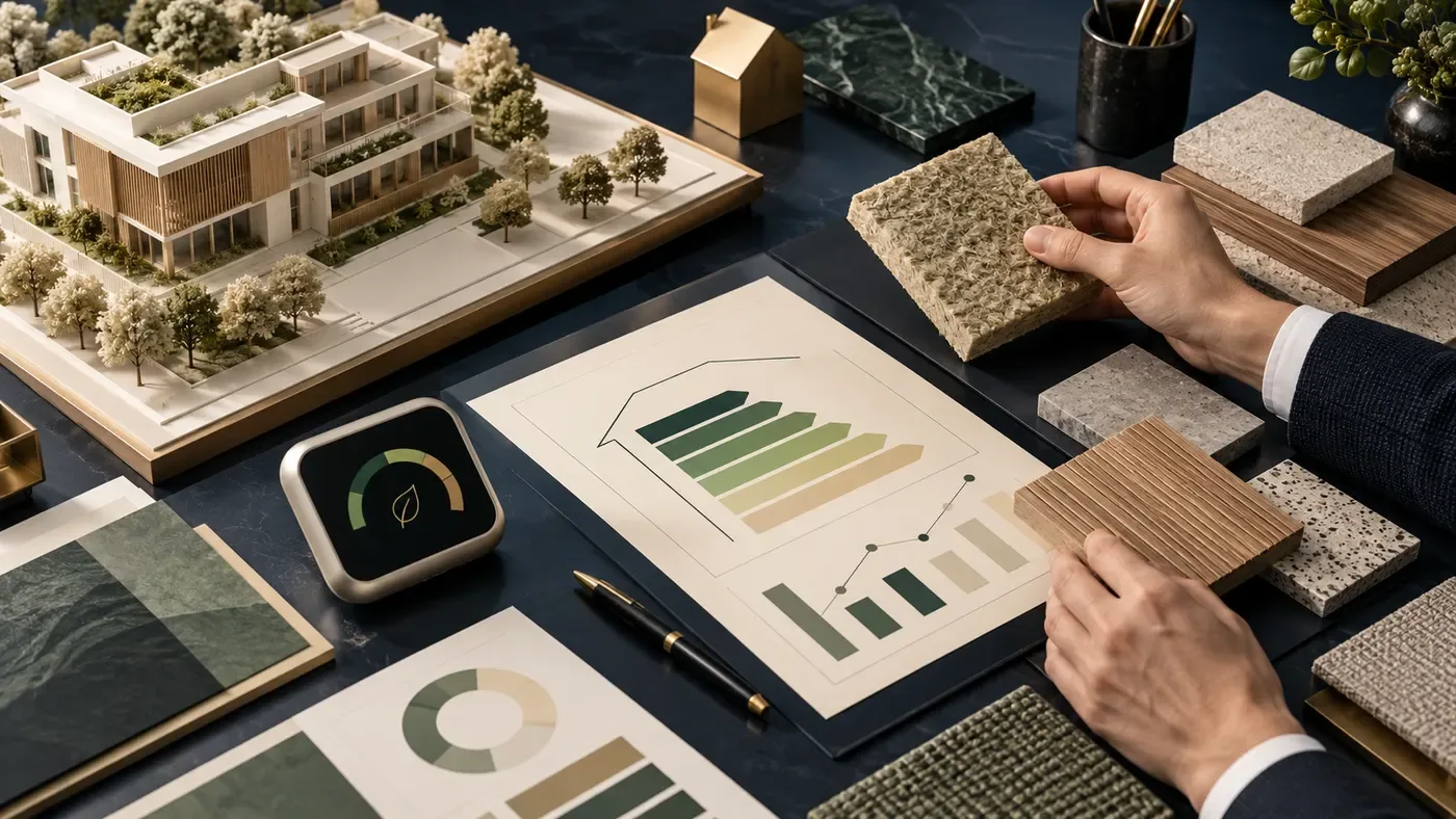 AI-generated editorial concept of an architectural model, material samples and abstract building-performance charts