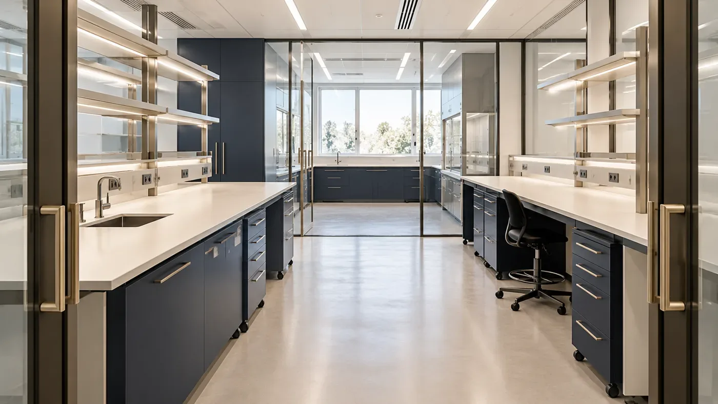 AI-generated concept of an empty laboratory interior with workbenches and a central circulation aisle