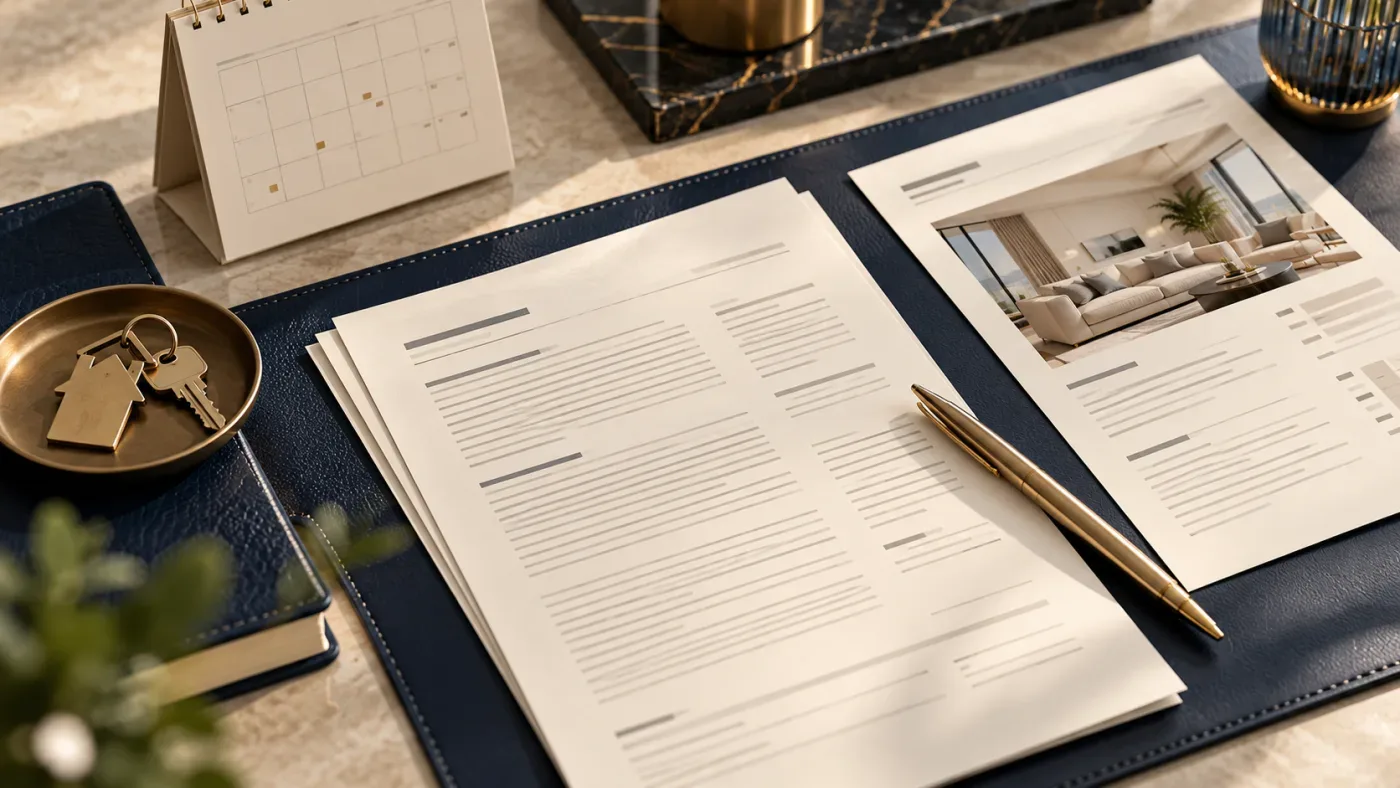 AI-generated editorial concept of anonymous rental documents, a calendar, property fact sheet, keys and pen on a navy desk