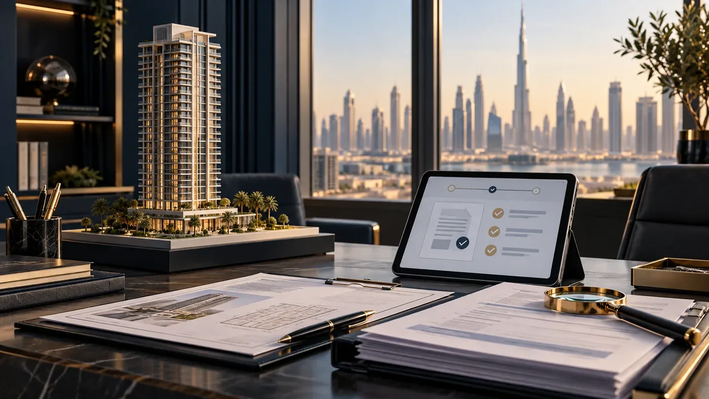 AI-generated editorial concept of a Dubai project model, anonymous documents and a digital verification checklist