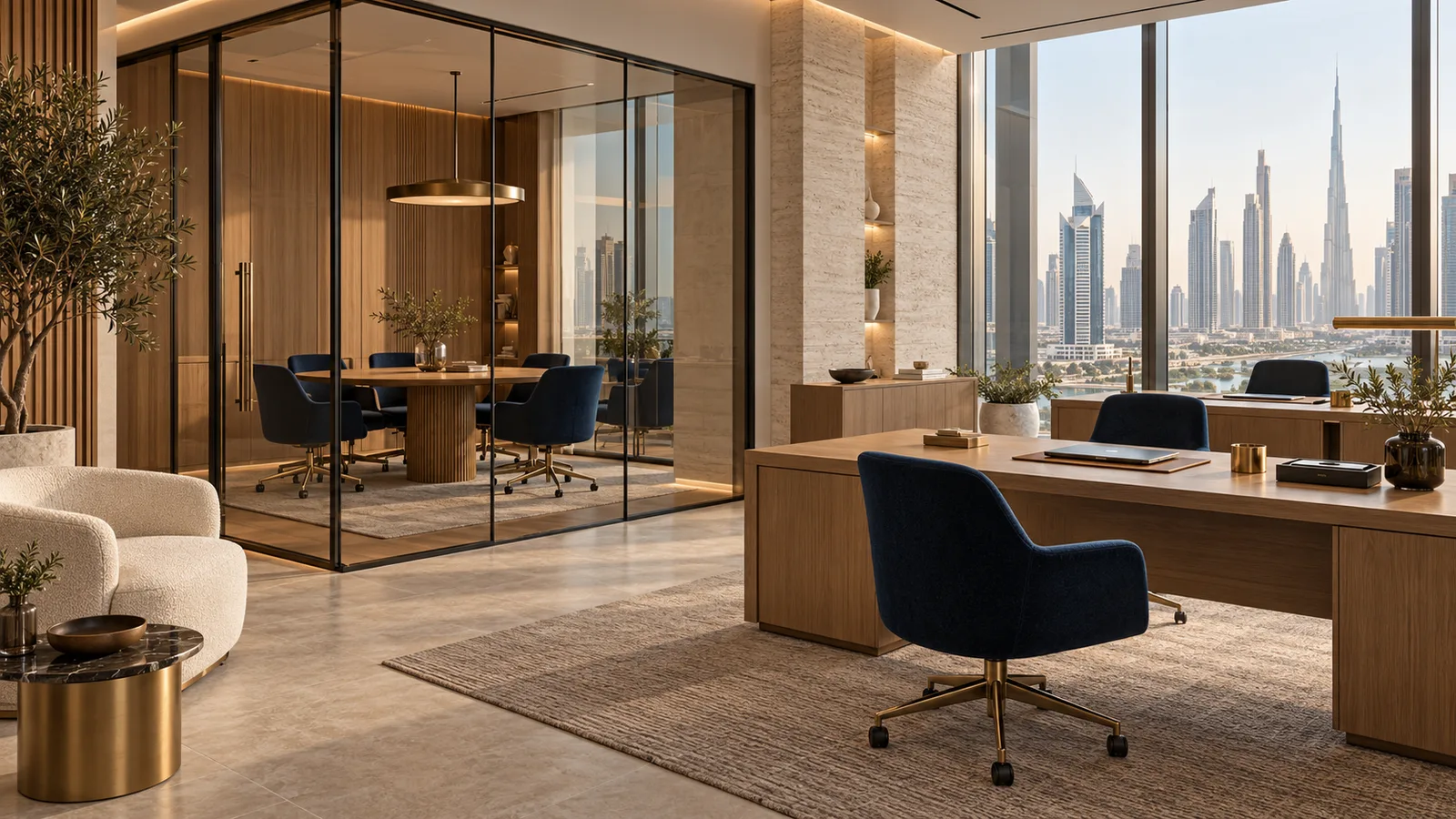 AI-generated concept of a compact premium Dubai office; not a photographed available office