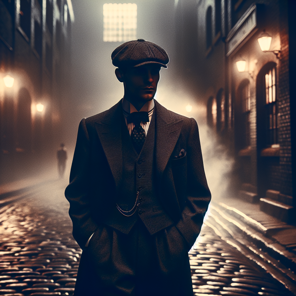 Ambiance Peaky Blinders 1920, costumes trois pièces, rue Birmingham sombre