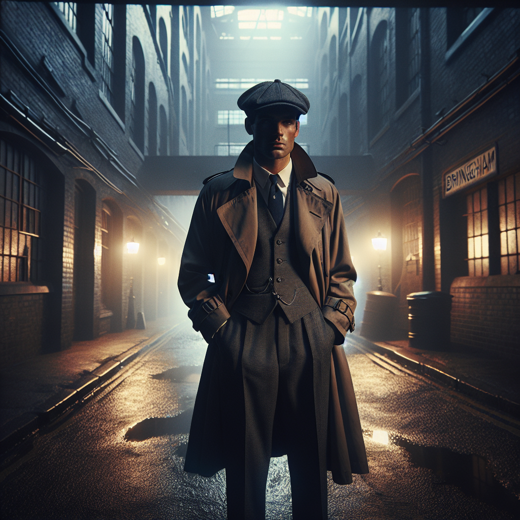 Homme en trench-coat style Peaky Blinders année 1920 à Birmingham