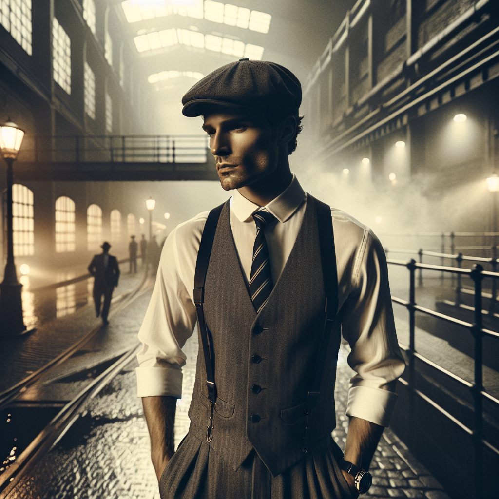 Ambiance Peaky Blinders, homme en costume trois pièces, chemise blanche rétro