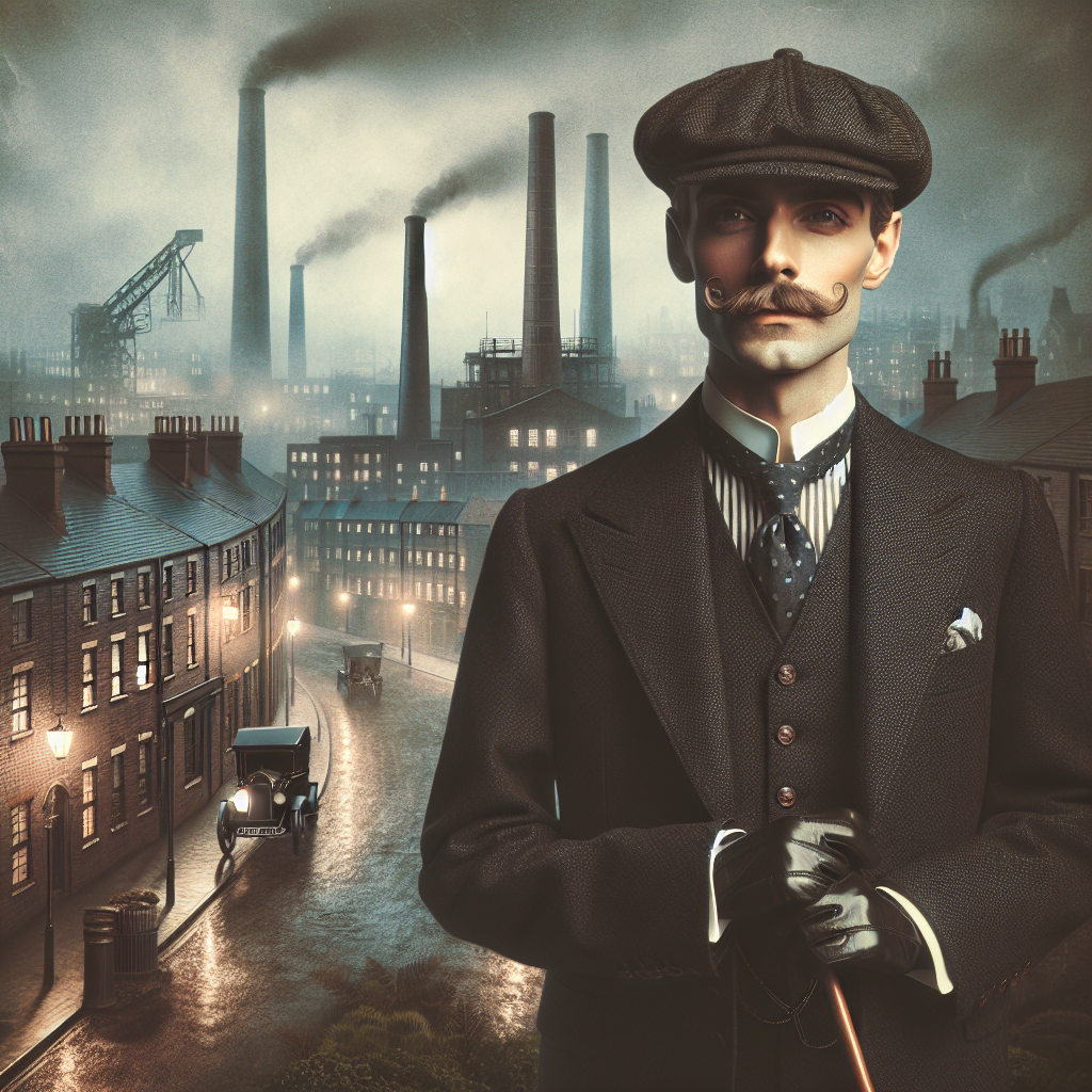 Gentleman années 20 style Peaky Blinders avec moustache sophistiquée