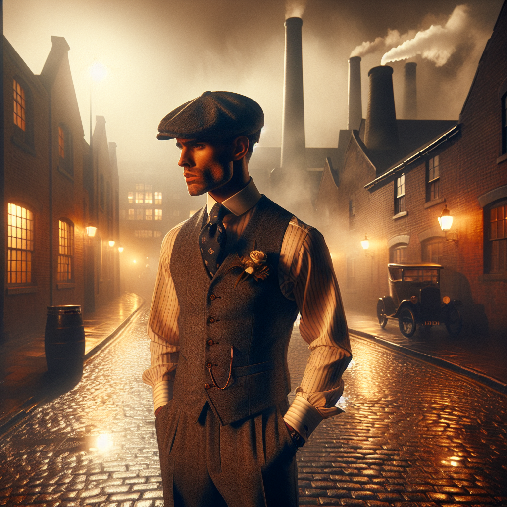Scène Peaky Blinders 1920, homme en chemise col club, style emblématique années folles