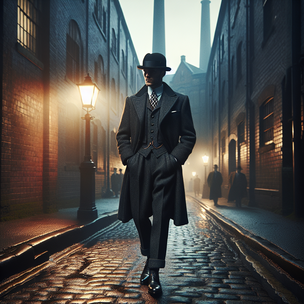 Costume trois pièces style Peaky Blinders dans une rue de Birmingham hivernale