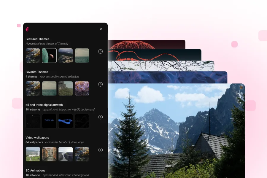 Themefy's theme sidebar with featured themes, p5.js and Three.js artwork, video wallpapers and 3D animations