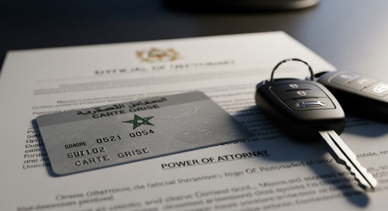 صورة لبطاقة رمادية مغربية مع نموذج وكالة خاصة بسحب البطاقة الرمادية ومفاتيح سيارة