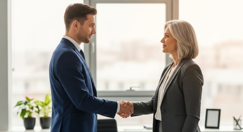 موظف يصافح مديره عند تقديم طلب الاستقالة