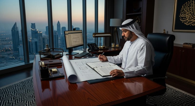 محامي مقاولات الدمام متخصص يراجع وثائق مشروع بناء في مكتبه بالمنطقة الشرقية.