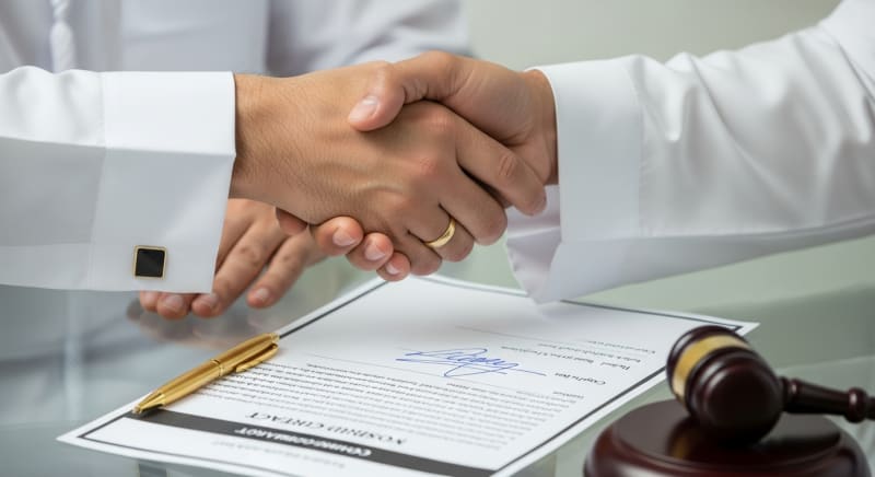 مصافحة لإتمام عقد بمشورة قانونية من محامي مقاولات الدمام.