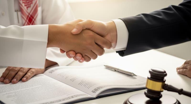 مصافحة لإتمام صفقة بمساعدة محامي تجاري دولي الرياض متخصص.
