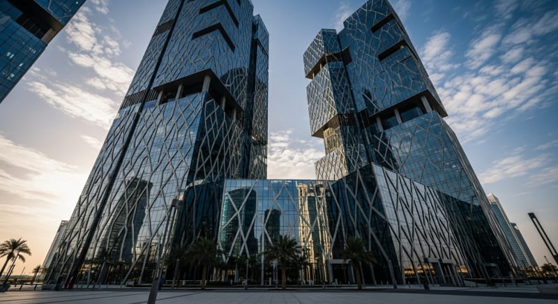 واجهة مبنى تجاري حديث في الرياض، مكان عمل محامي تجاري دولي الرياض.