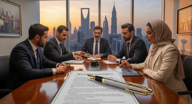 فريق عمل يناقش بنود عقد مع محامي امتياز تجاري أو محامي فرنشايز السعودية في مكتب عصري.