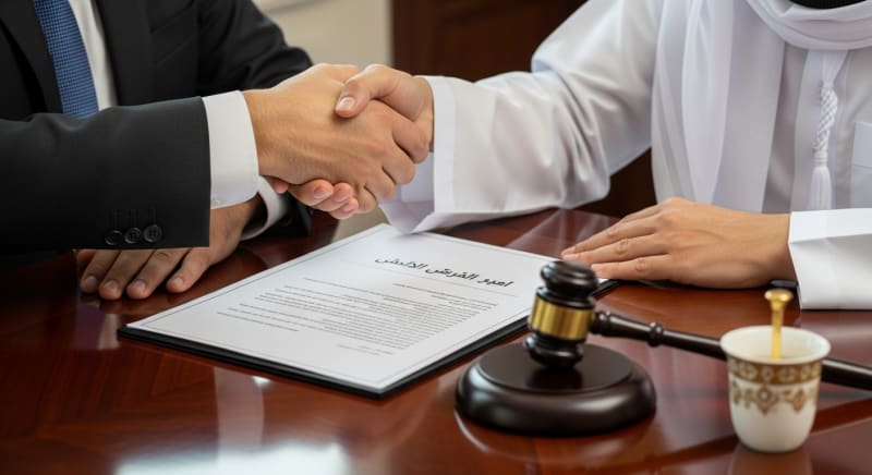 يدان تتصافحان فوق عقد قانوني بإشراف محامي امتياز تجاري أو محامي فرنشايز السعودية.