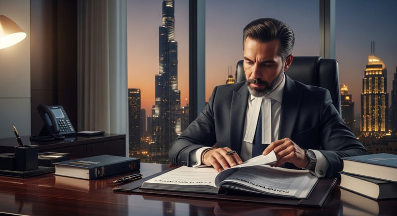 محامي عقود فيديك متخصص يراجع وثائق قانونية في مكتب استشاري بالخليج.