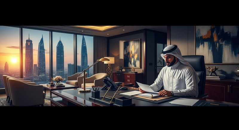 محامي تجاري الرياض يعمل في مكتبه الفاخر المطل على أفق مدينة الرياض ليلاً.