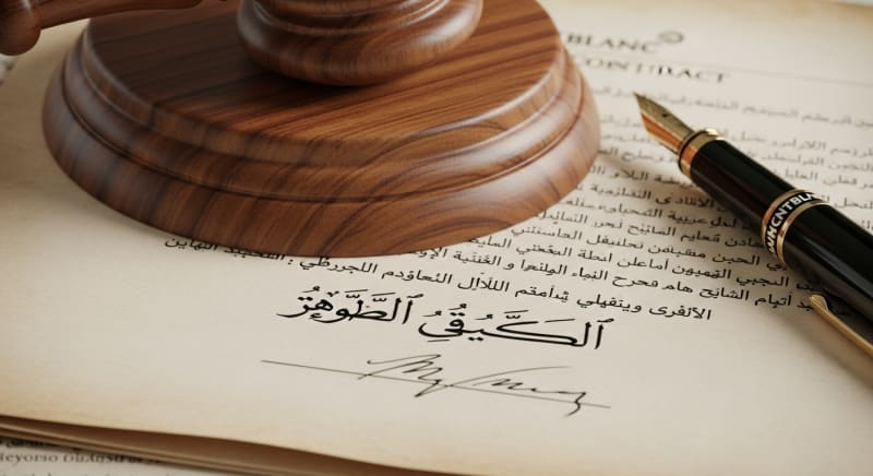 مطرقة قاضي وعقد قانوني يوضح أهمية استشارة محامي تجاري الرياض قبل توقيع أي اتفاقية.